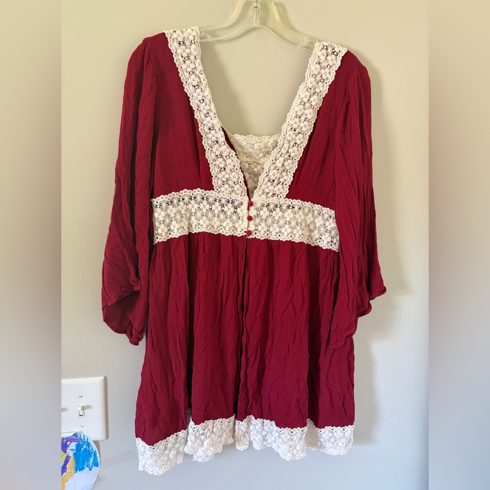 Babydoll Y2K Red Lace-Trim Peasant Top Button Closure Flowy Bohemian Medium